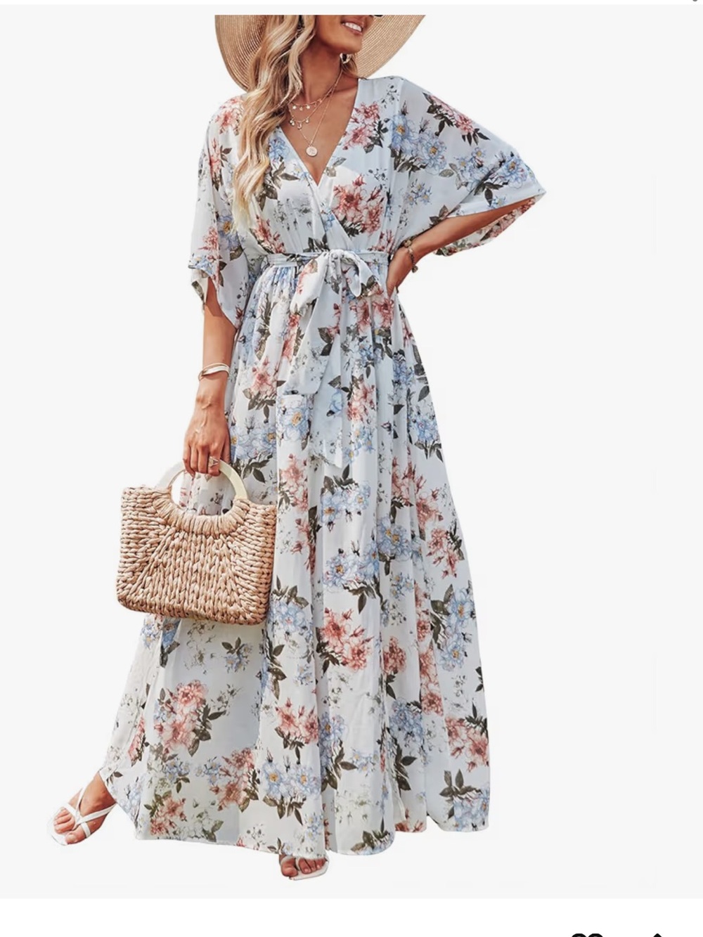 Floral Wrap Maxi Dress in Cream with Pink & Blue Blooms